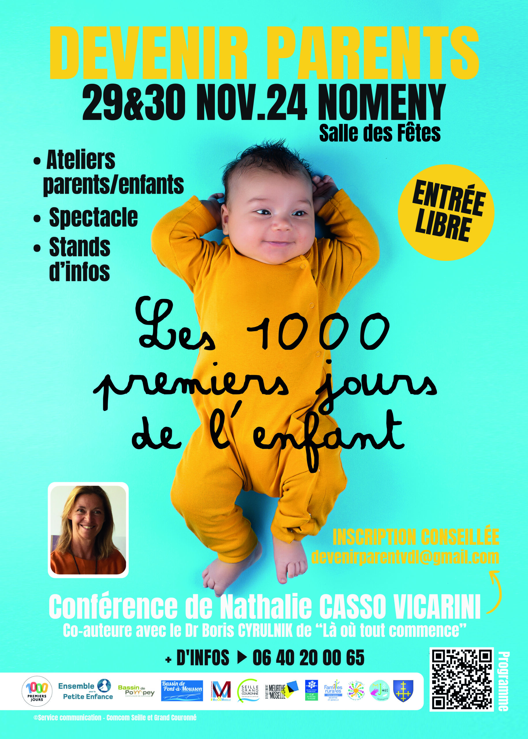 Affiche avec le titre 'Devenir Parents : les 1000 premiers jours de l'enfant'. Les activités comprennent des ateliers parents/enfants, spectacles, stands d'infos et une conférence avec Nathalie Casso-Vicarini. L'événment aura lieu les 29 et 30 novembre dans la salle de fêtes de Norémy.