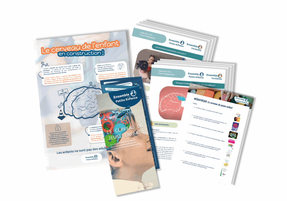Ensemble de documents pédagogiques sur le développement du cerveau de l’enfant : une affiche illustrée avec un dessin de cerveau, un dépliant intitulé “Le cerveau du jeune enfant”, ainsi que plusieurs fiches et supports éducatifs présentant des informations sur la petite enfance.