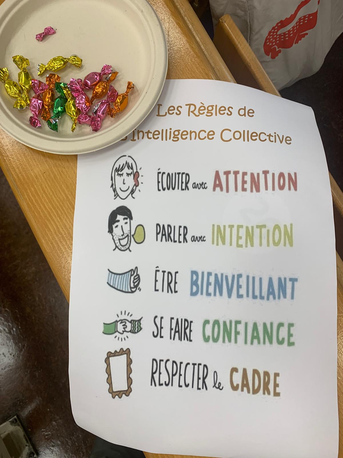 Support en panier qui décrit les règles de l'intelligence collective : écouter avec attention ; parler avec intention ; être bienveillant ; se faire confiance ; respecter le cadre