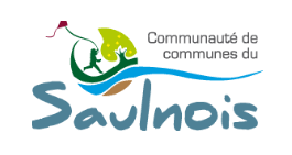 Le logo de la "communauté de communes du Saulnois" a des lettres arrondies et bleu foncé. Au dessus, un dessin d'un enfant qui court sur la plage avec un cerf-volant dans la main. les couleurs utilisées sont : vert, orange, rouge, bleu et vert foncé.