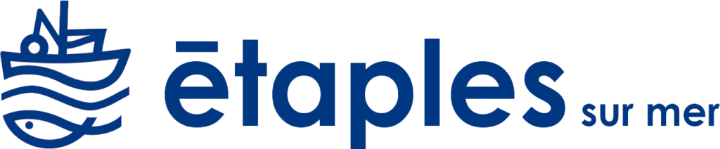 Logo de la ville d’Étaples-sur-Mer : un dessin bleu représentant un bateau, des vagues et un poisson, suivi du texte “Etaples sur mer” en lettres bleues.